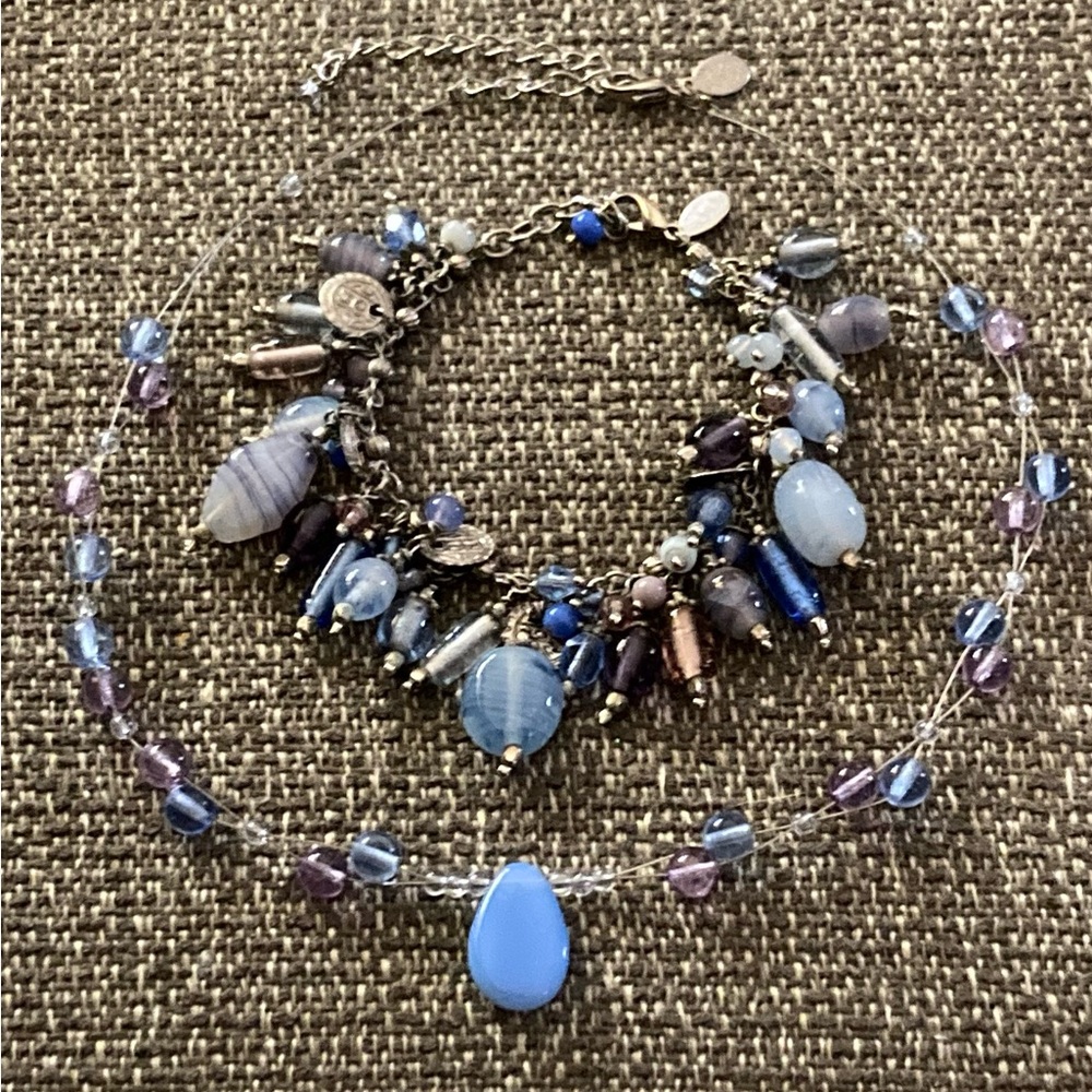 Baked Beads Signed Blue Glass Bracelet & Necklace Set - Picture 2 of 6